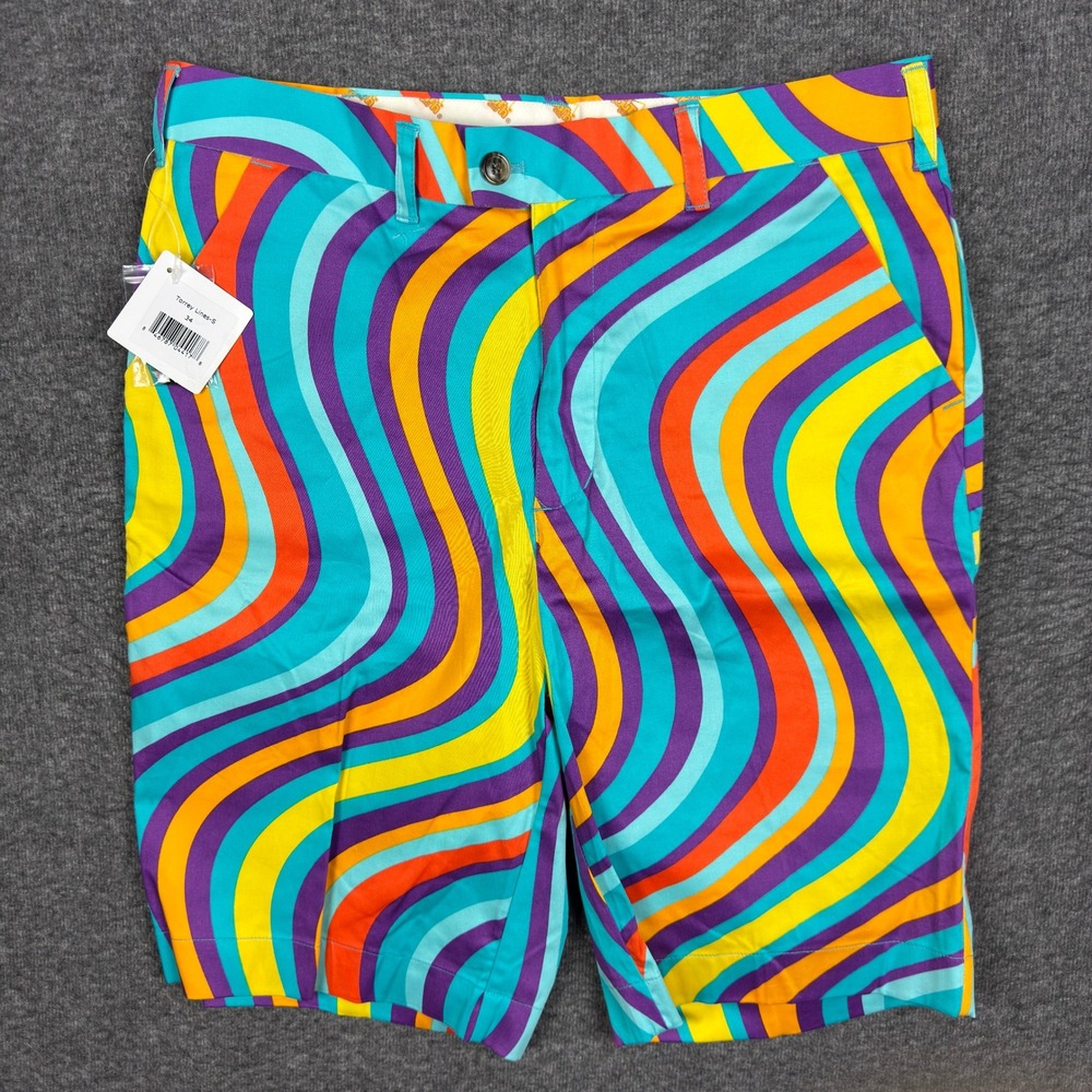 NEW Loudmouth Golf Shorts Men 34 Multicolor Golf Torrey Lines Psychedelic Groovy